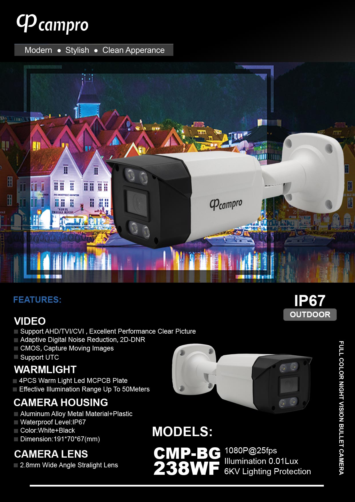 دوربین بولت 2 مگاپیکسل دید در شب رنگی کمپرو Campro مدل CMP-BG238WF Warmlight