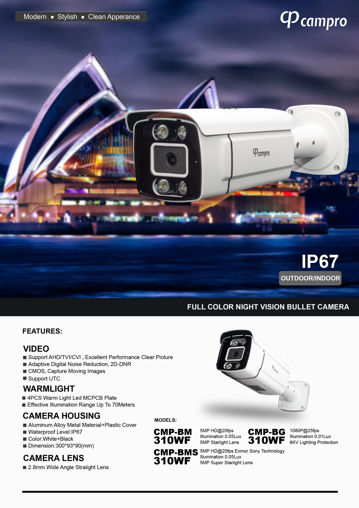 دوربین بولت 5 مگاپیکسل دید در شب رنگی کمپرو Campro مدل CMP_BMS310WF Warmlight